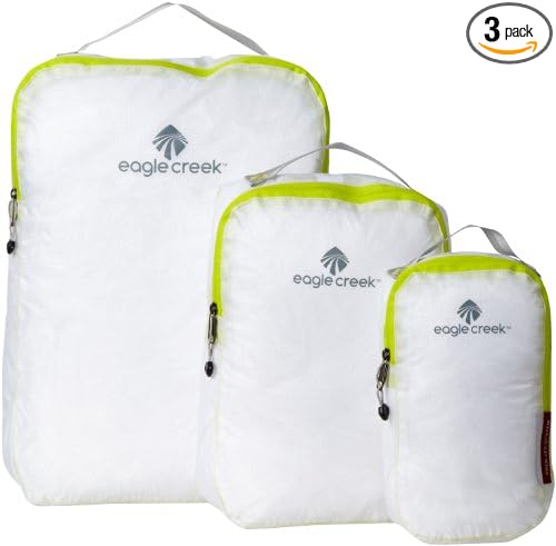 3 Eagle Creek Packing cubes with white nylon fabric and lime green zippers. 