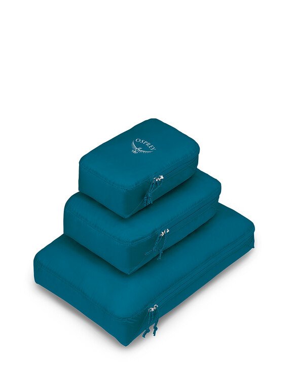 Three blue Osprey Ultralight packing cubes 