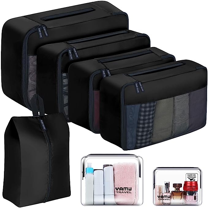 Best packing cubes for backpacks for the entry-level traveler. A black set of 7 YAMIU packing cubes for a great price. 