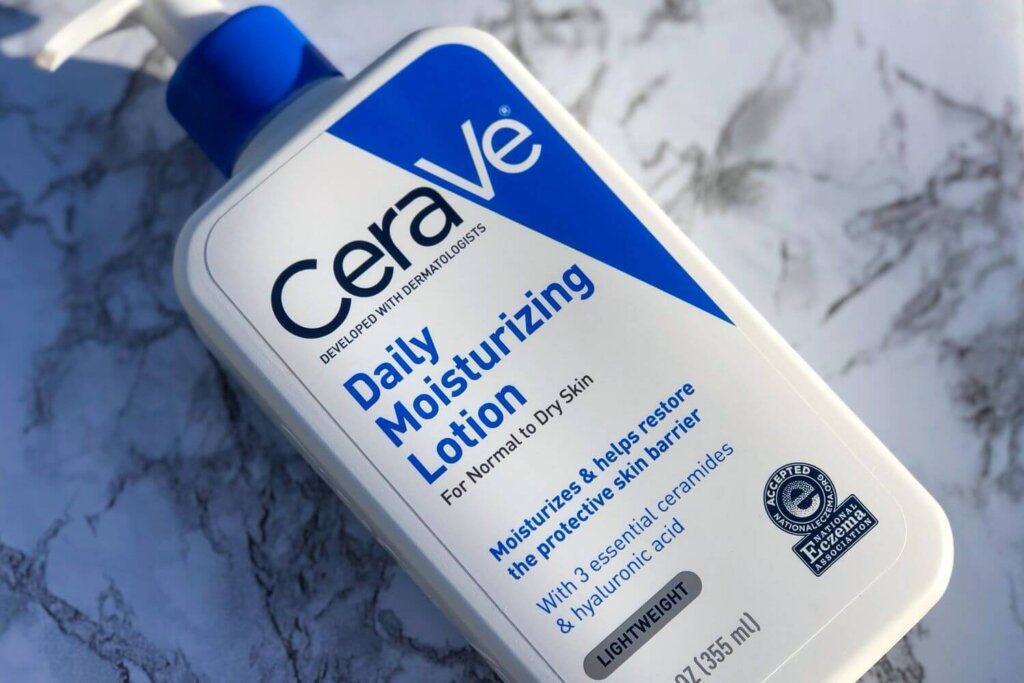 CeraVe Daily moisturizing lotion against a marble background. 