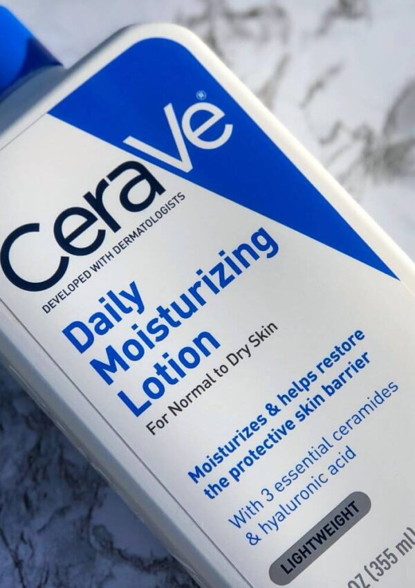 CeraVe Daily moisturizing lotion against a marble background.