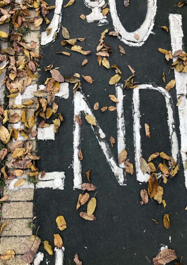 End of year recap. Picture of a parking lot with the word end covered under dead leaves.