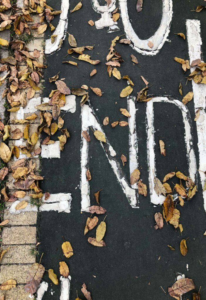 End of year recap. Picture of a parking lot with the word end covered under dead leaves. 