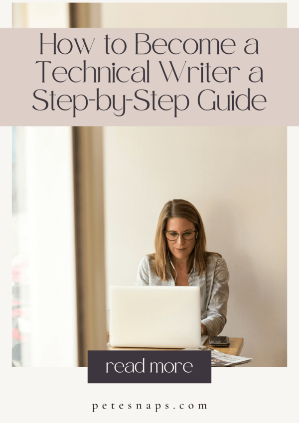 A woman sitting with her laptop writing. The title block says How to Become a Technical Writer a Step-by-Step Guide