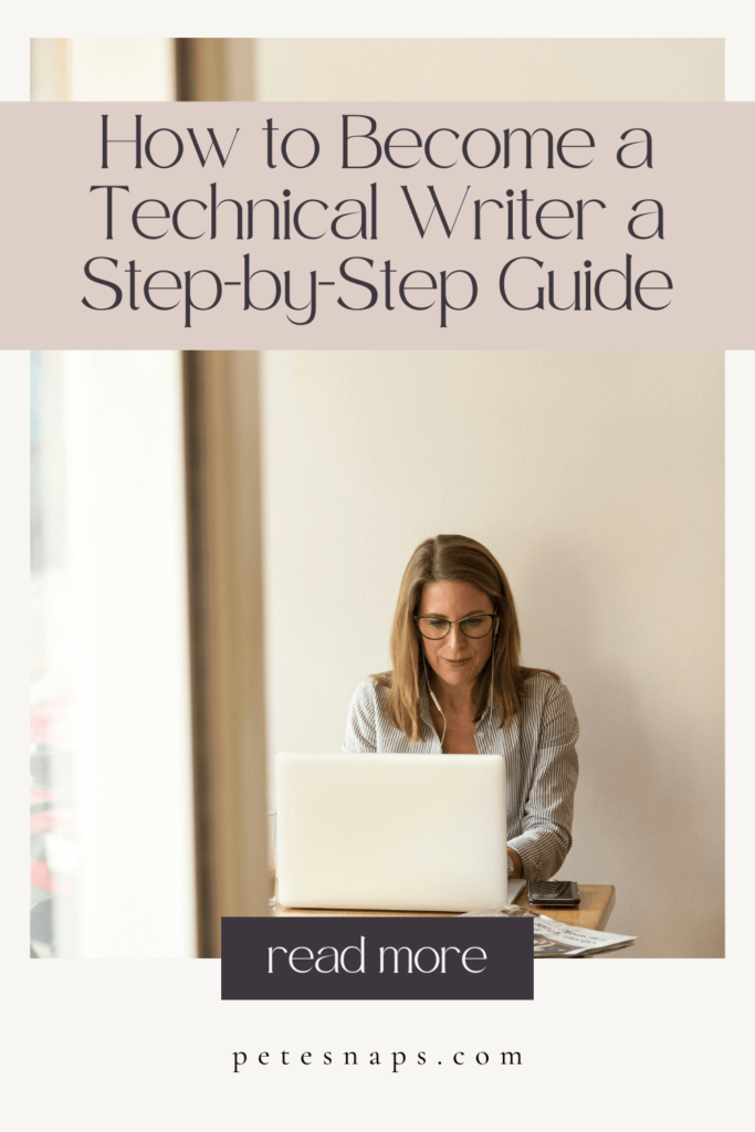 A woman sitting with her laptop writing. The title block says How to Become a Technical Writer a Step-by-Step Guide